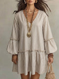 Women's Early Autumn Long Sleeve A Line Dress, Bohemian Style Striped Print V Neck - Khaki