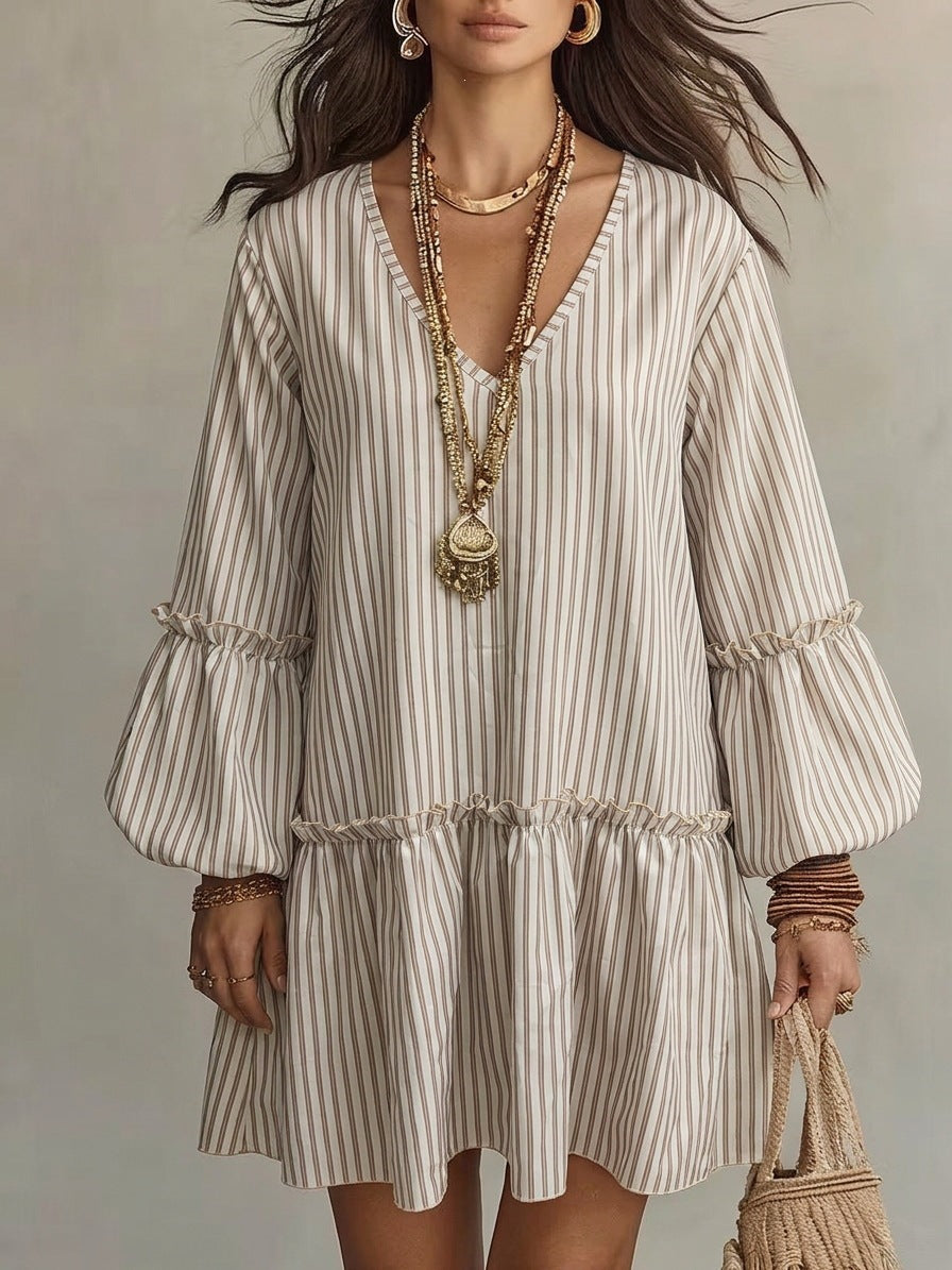 Women's Early Autumn Long Sleeve A Line Dress, Bohemian Style Striped Print V Neck - Khaki