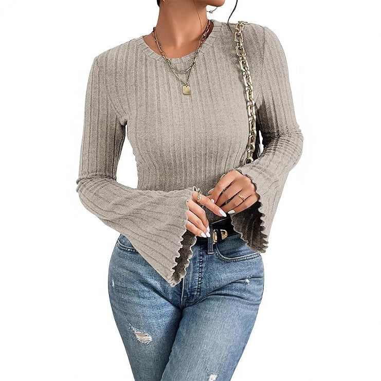 Ribbed, Brushed Crew-neck Long-sleeve Womens T-shirt