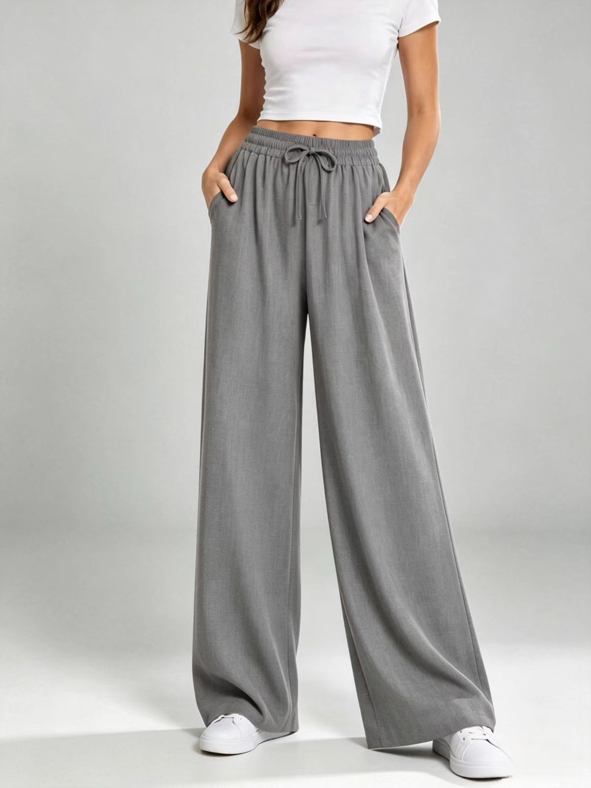 Women's New European And American Style Drawstring Elastic Waist Loose Casual Solid Color Drapey Straight Wide-leg Long Pants For Women