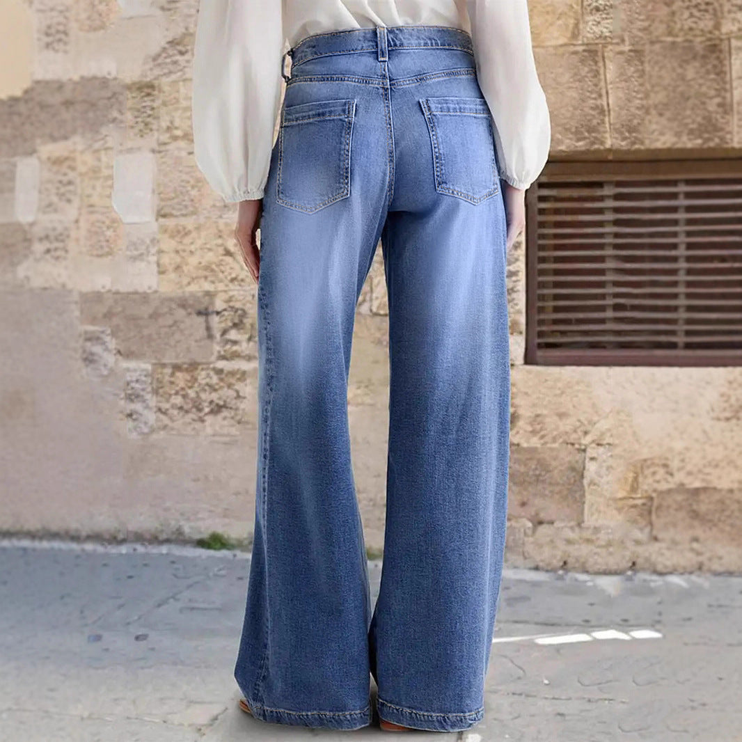 Standard Jeans Wide-Leg Embroidered Mid-Waist Denim Pants
