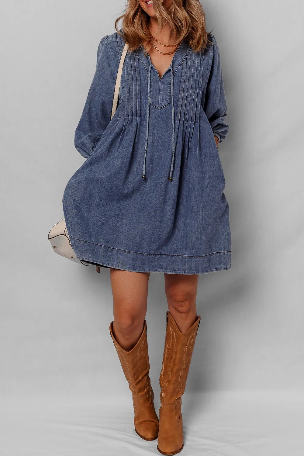 Women's Dark Tie Neck Long Sleeve Mini Denim Dress - Dark