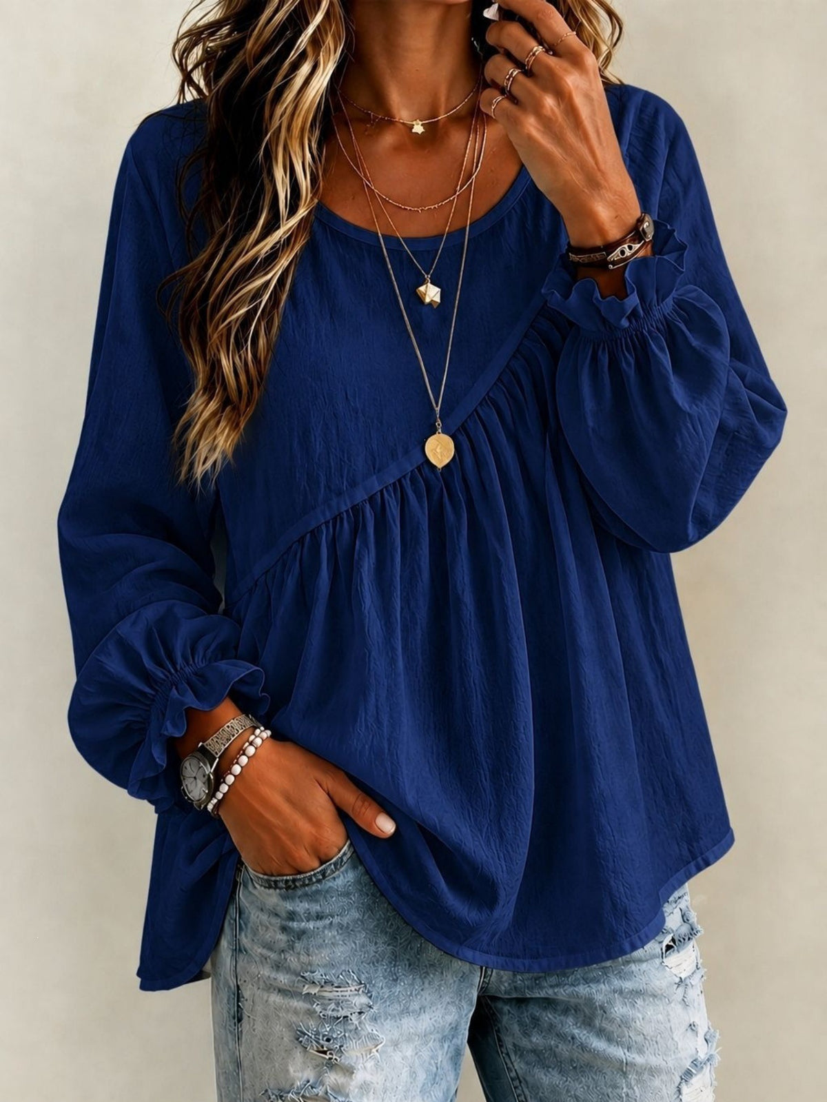 Women's 2026 New Cross-Border European And American Style Women's Solid Color Round Neck Long Sleeve Ruched Shirt Top, Casual Versatile Loose Fit - Navy blue