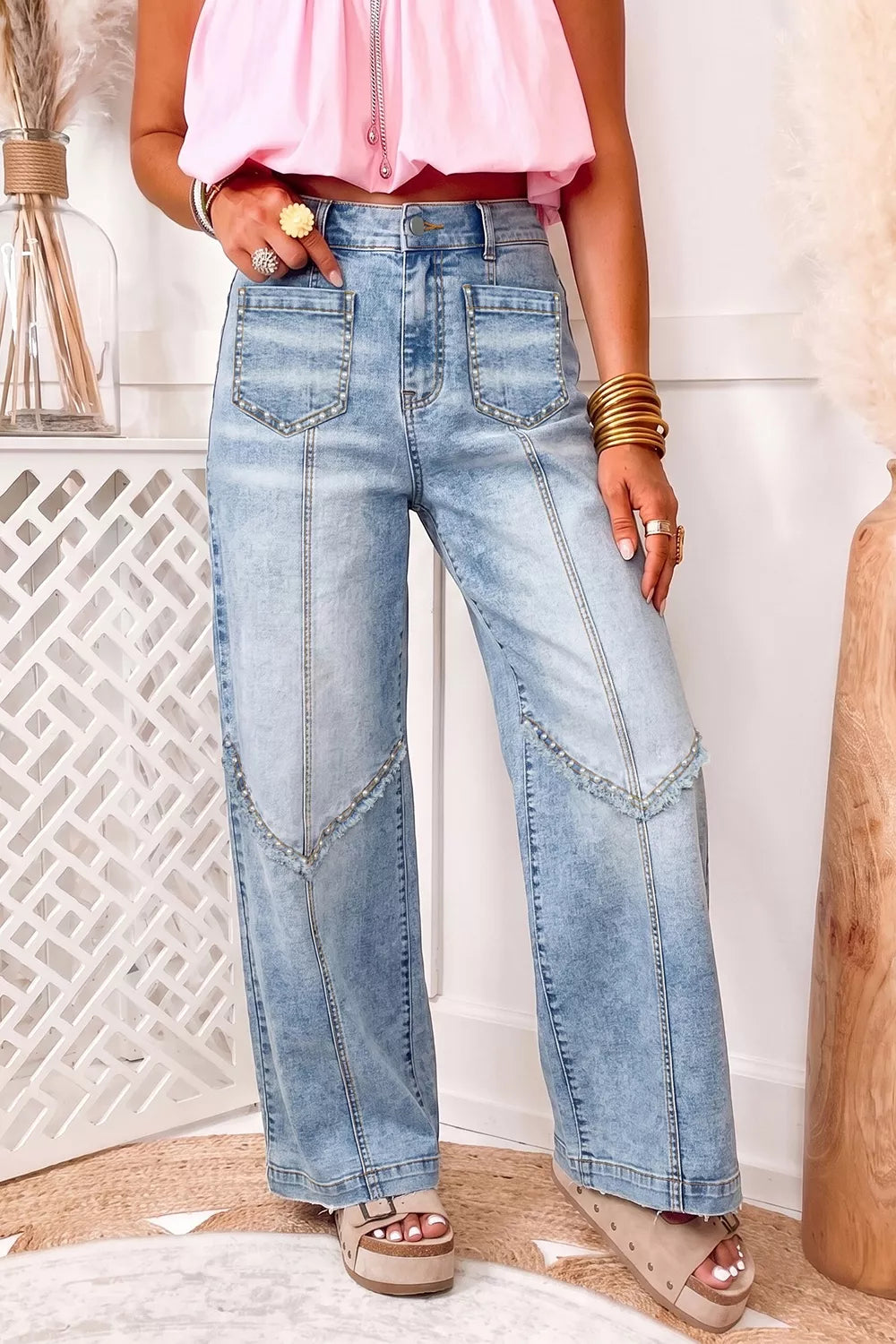 Women's Light Blue Studded Detail Wide-Leg Jeans - Light Blue