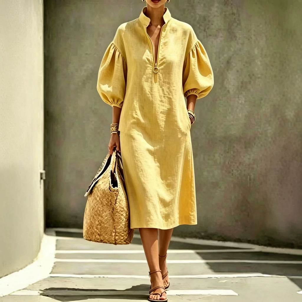 Summer New Women's Casual Loose Stand-Up Collar Puff Sleeve Half-Zip Women's Dress