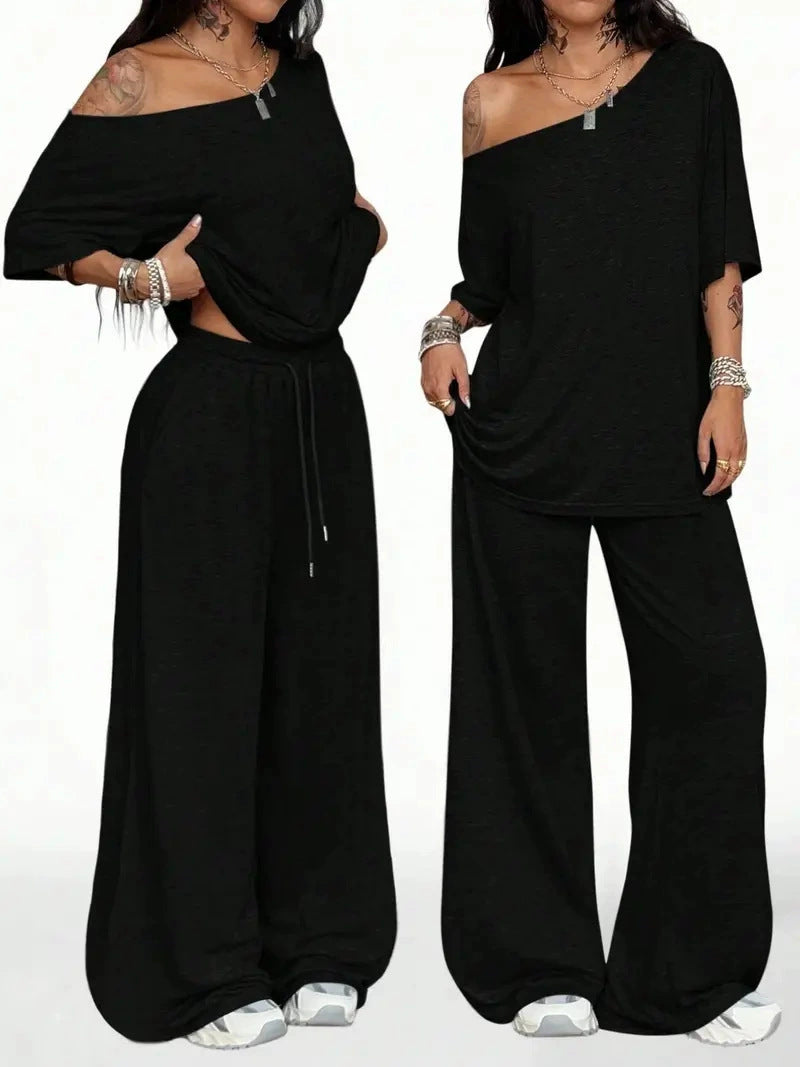 New Arrivals Autumn Winter Women's Casual Sportswear, One-shoulder, Loose-fitting Two-piece Set