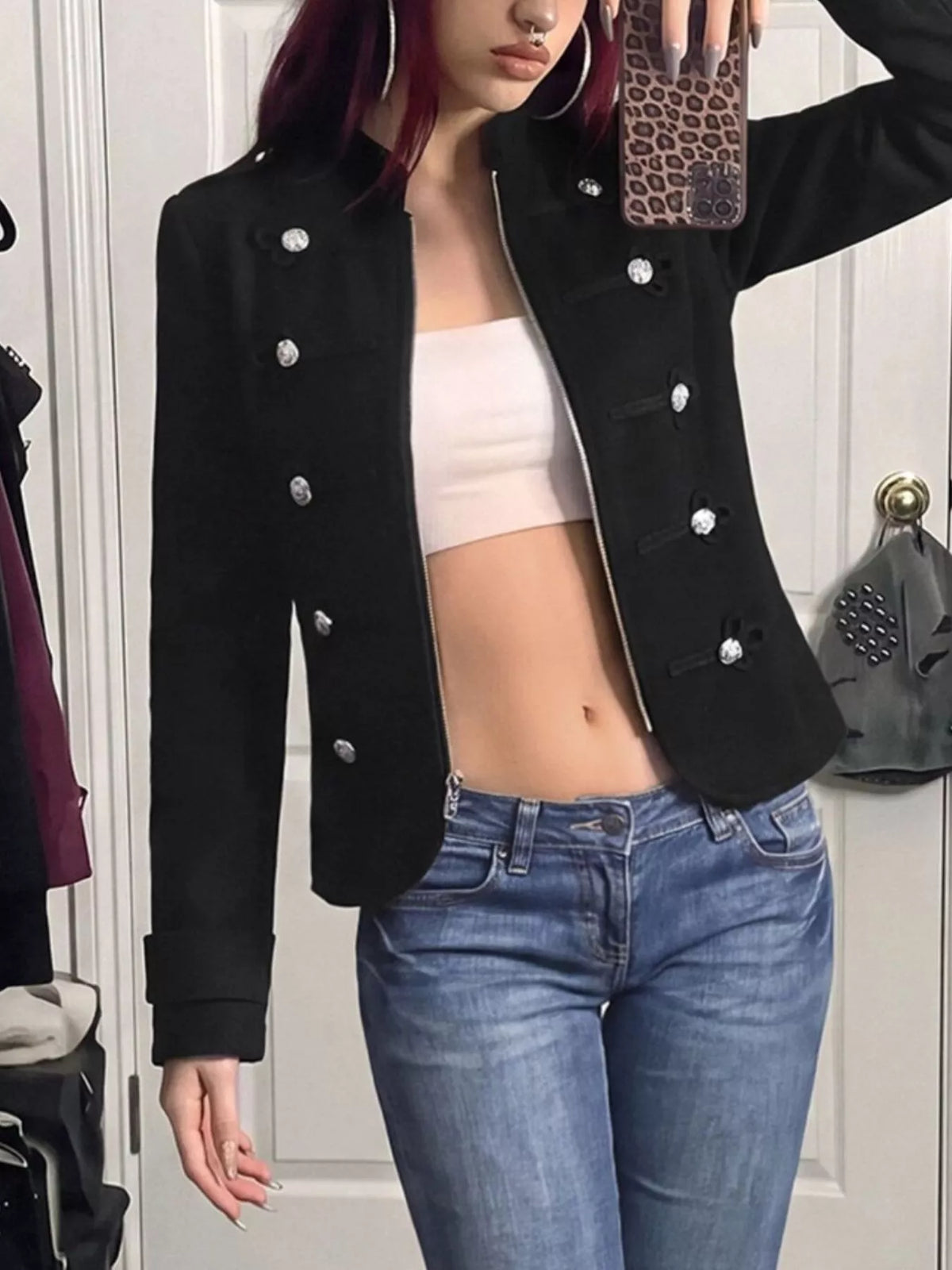 Women's Black Decorative Button Zip Up Outerwear - Black