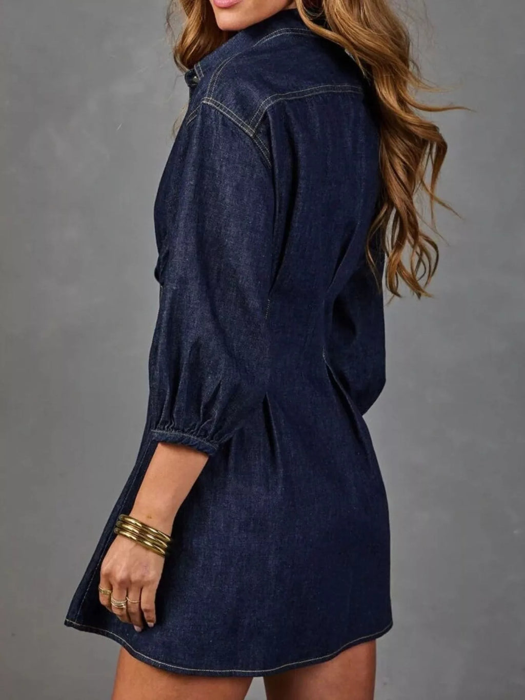 Women's Dark Blue Button Down 3/4 Sleeve Denim Dress - Dark Blue
