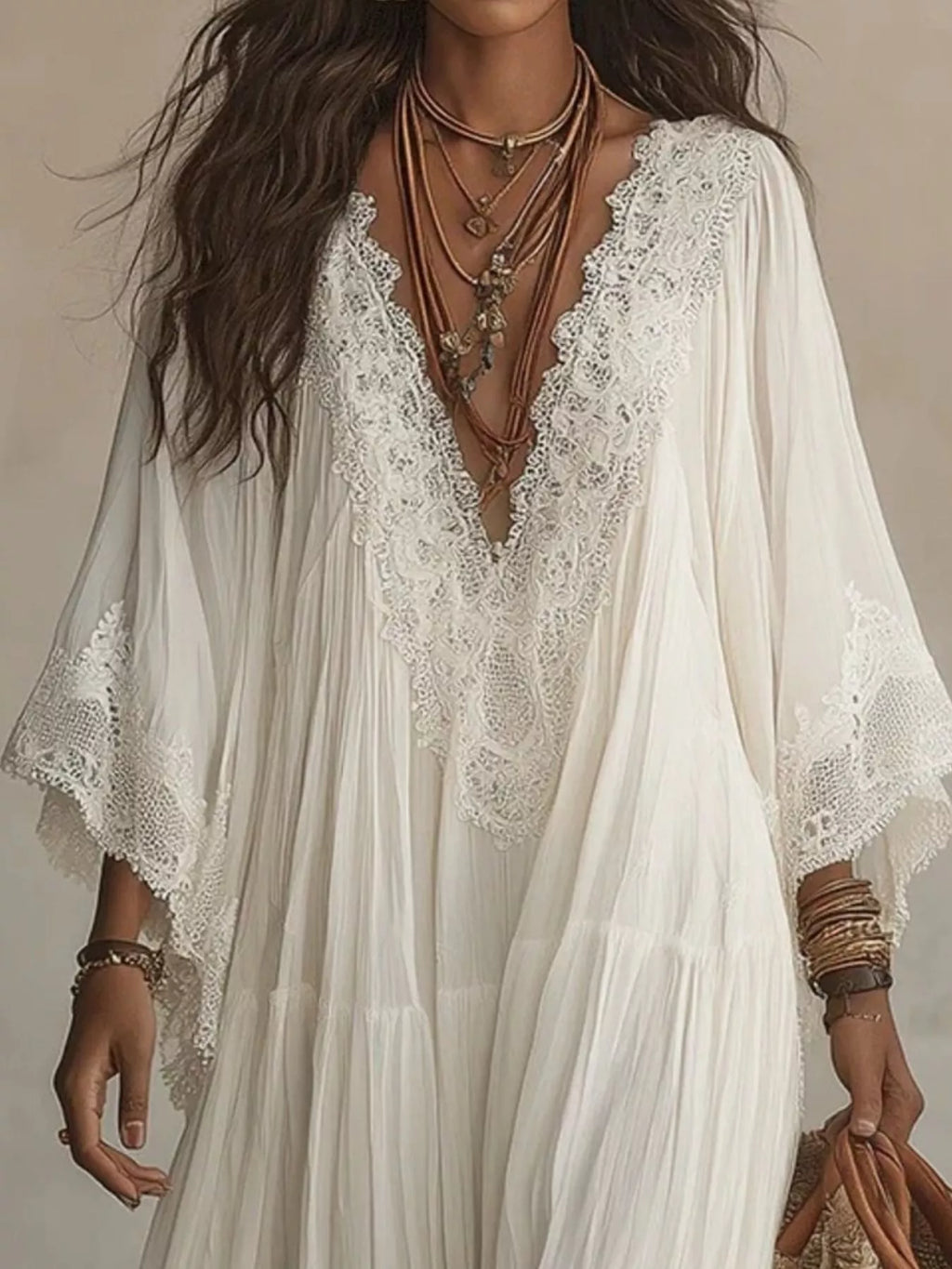 Women's Lace Trim V-Neck Maxi Dress