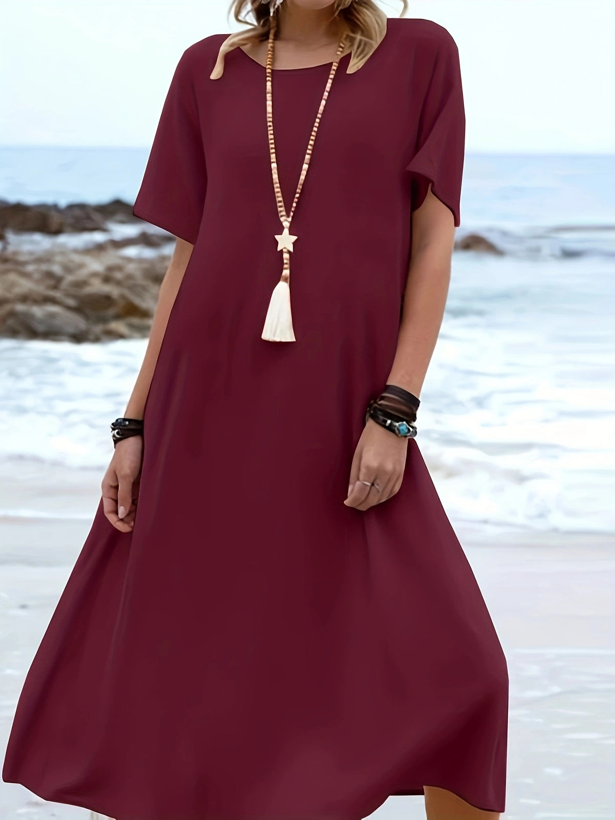 Summer Popular Resort Style Solid Color Round Neck Short-Sleeved Dress