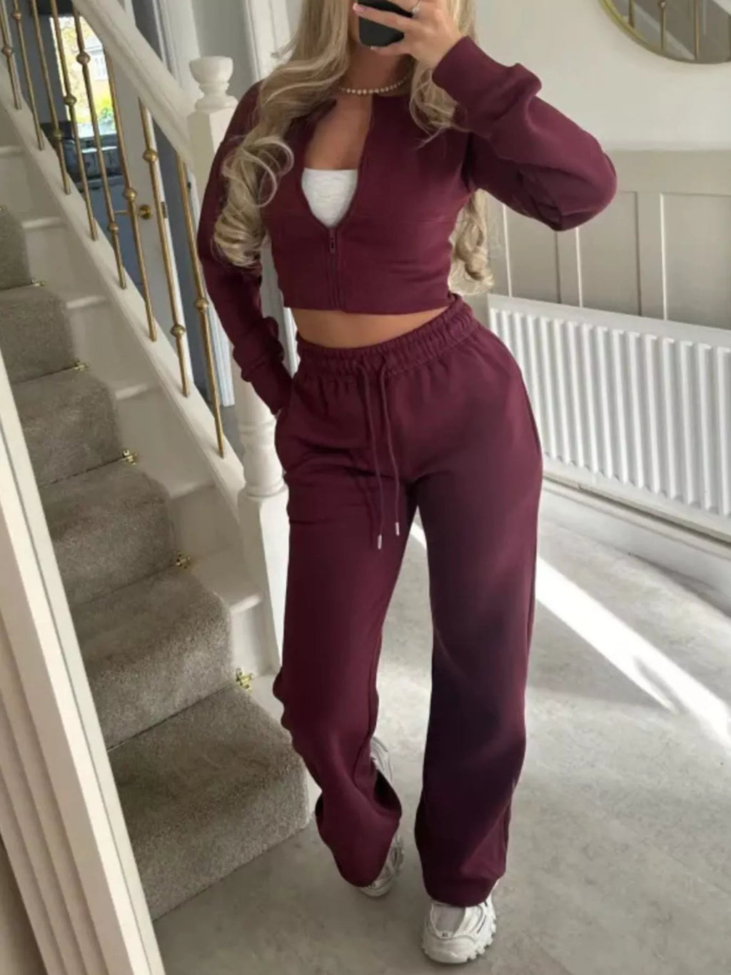 Women's Zip-Up Crop Hoodie and High-Waisted Pants Set
