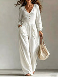 Women's V-Neck Long Sleeve Button Front Wide-Leg Jumpsuit - White