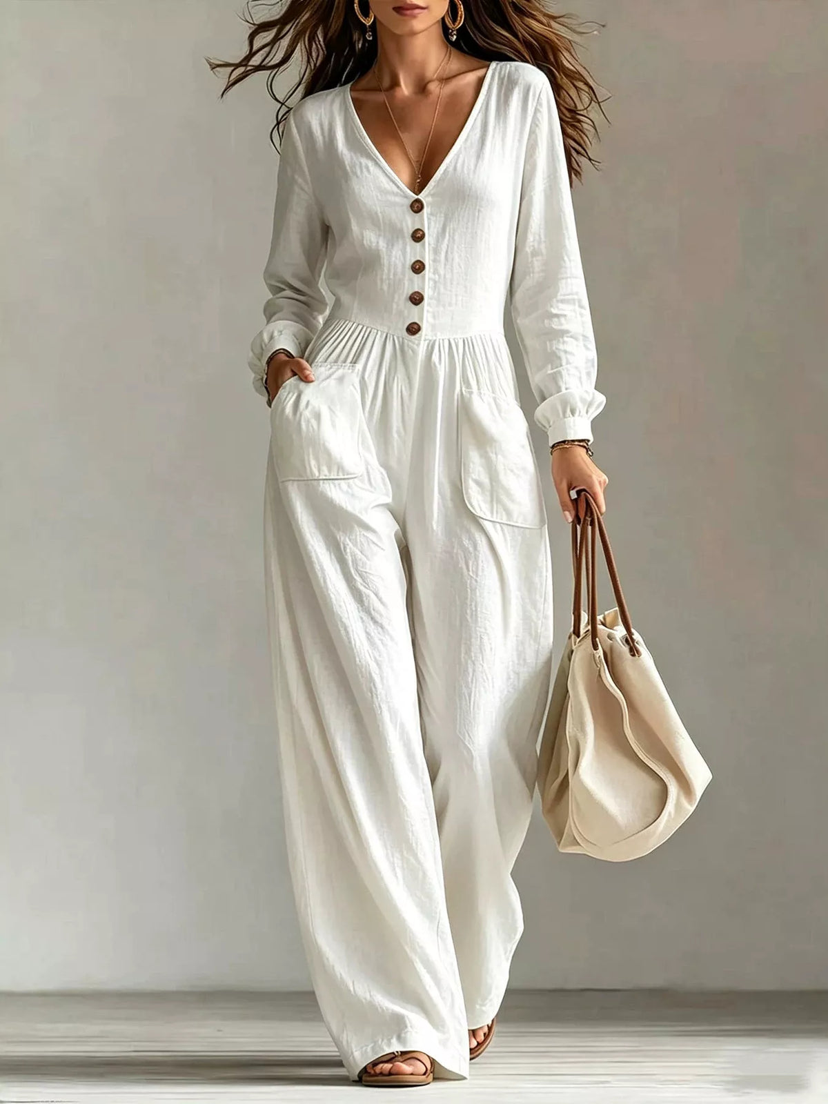 Women's V-Neck Long Sleeve Button Front Wide-Leg Jumpsuit - White