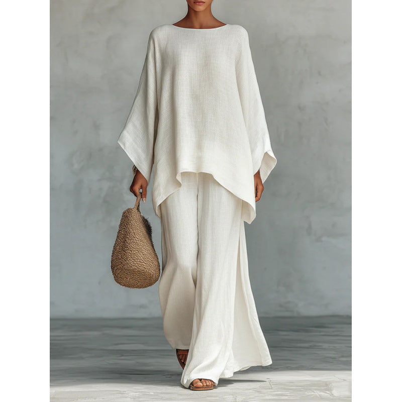 Autumn New Women's Simple Loose Linen Blended Shirt Wide Leg Pants Set