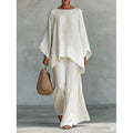 Autumn New Women's Simple Loose Linen Blended Shirt Wide Leg Pants Set
