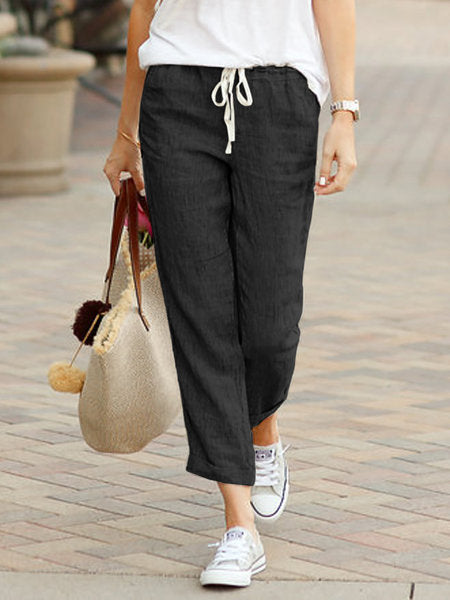 Women's European And American Aliexpress 2025 Spring And Autumn New Style Solid Color Loose Casual Drawstring Elastic Waist Cotton Linen Long Pants