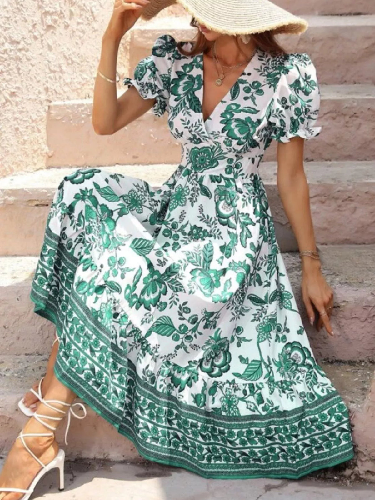 Women's Floral Print Puff Sleeve Wrap Midi Dress - Green