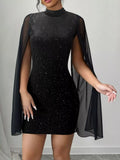 Women's Black Glitter Mesh Slit Sleeve Bodycon Mini Dress - Black