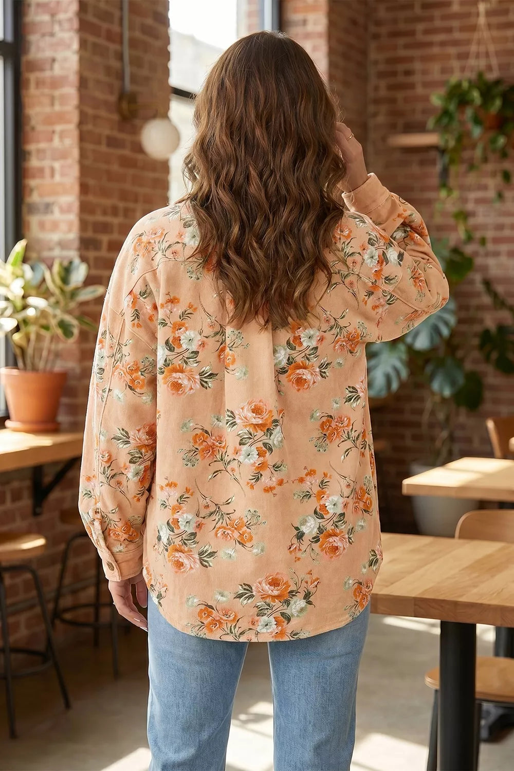 Women's Tan Floral Print Long Sleeve Denim Jacket - Tan