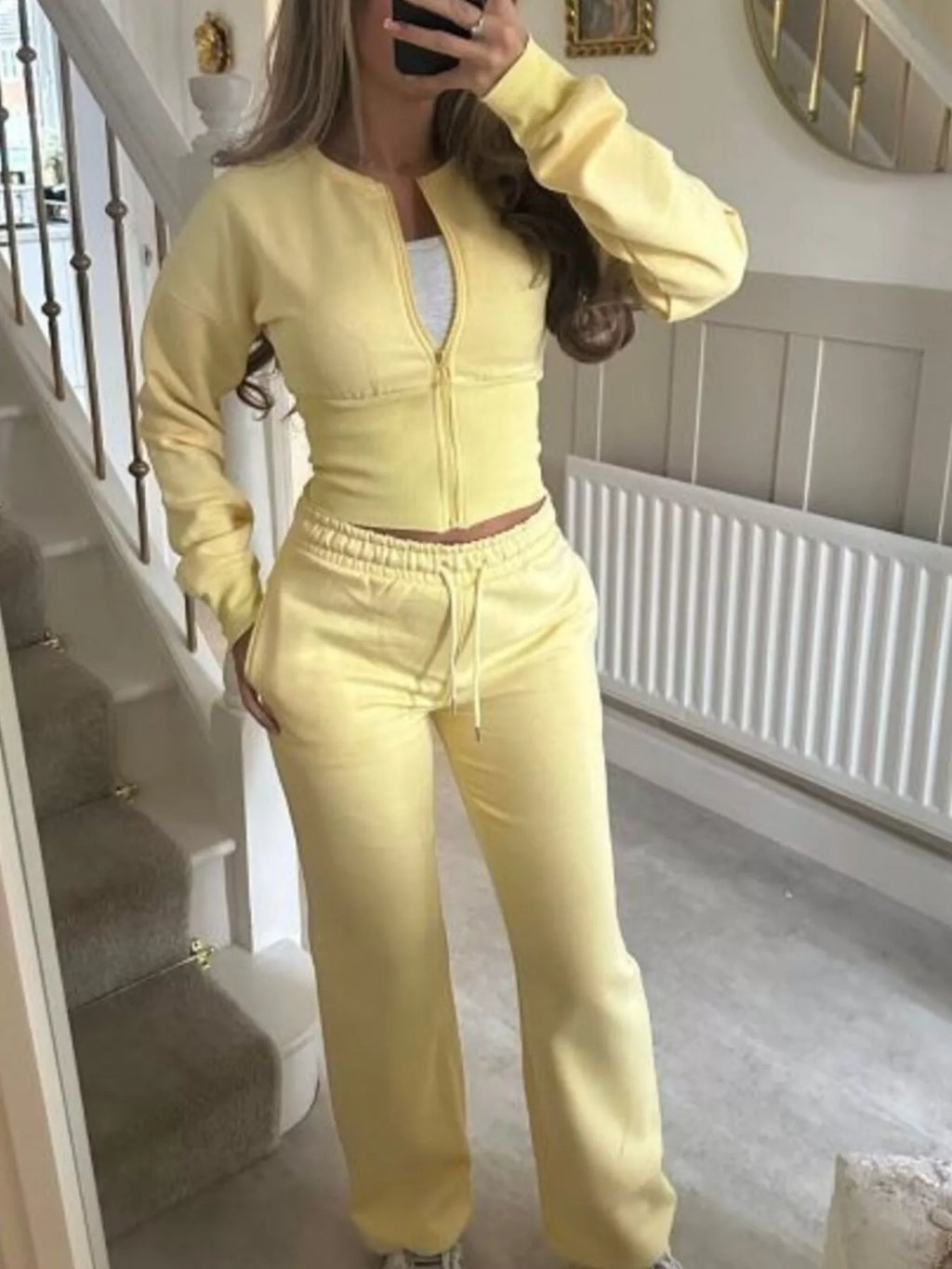 Women's Zip-Up Crop Hoodie and High-Waisted Pants Set - Yellow