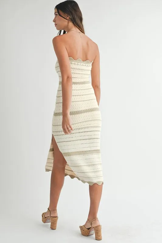 Women's LT TAUPE Contrast Striped Crochet Knit Midi Dress - LT TAUPE