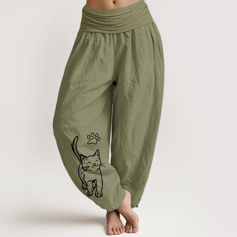 Women's Solid-Color High-Waisted Pleated Pants With Elastic Waist