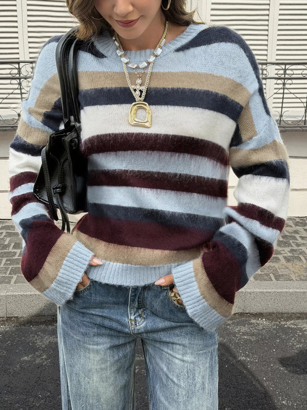 Women's Colorful Stripes Multi-Color Striped Fuzzy Sweater - Colorful Stripes