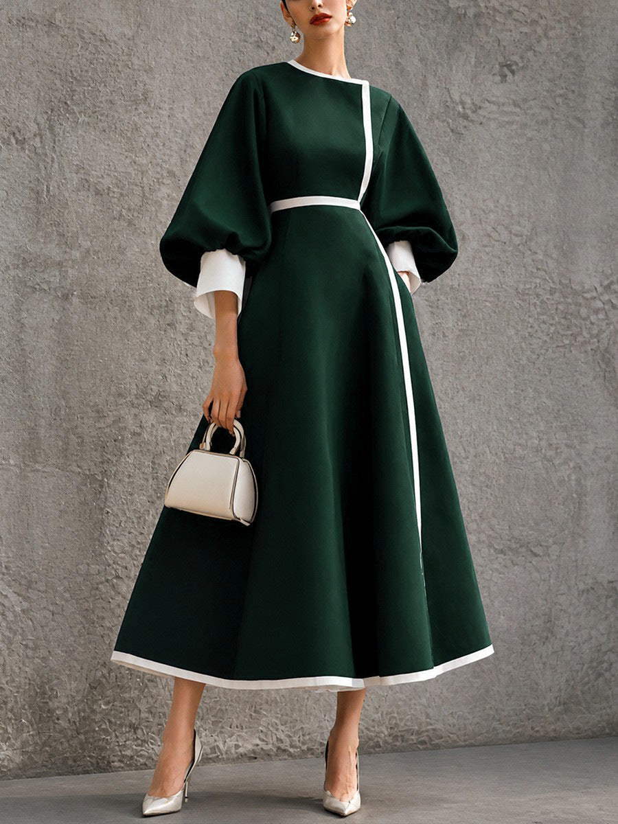 Women's Three-quarter Lantern-sleeve Color-block Dress