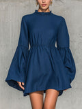 Spring And Autumn Half Collar Lantern Sleeve Elastic Waist Solid Color Cotton Linen Blend Loose Mini Dress