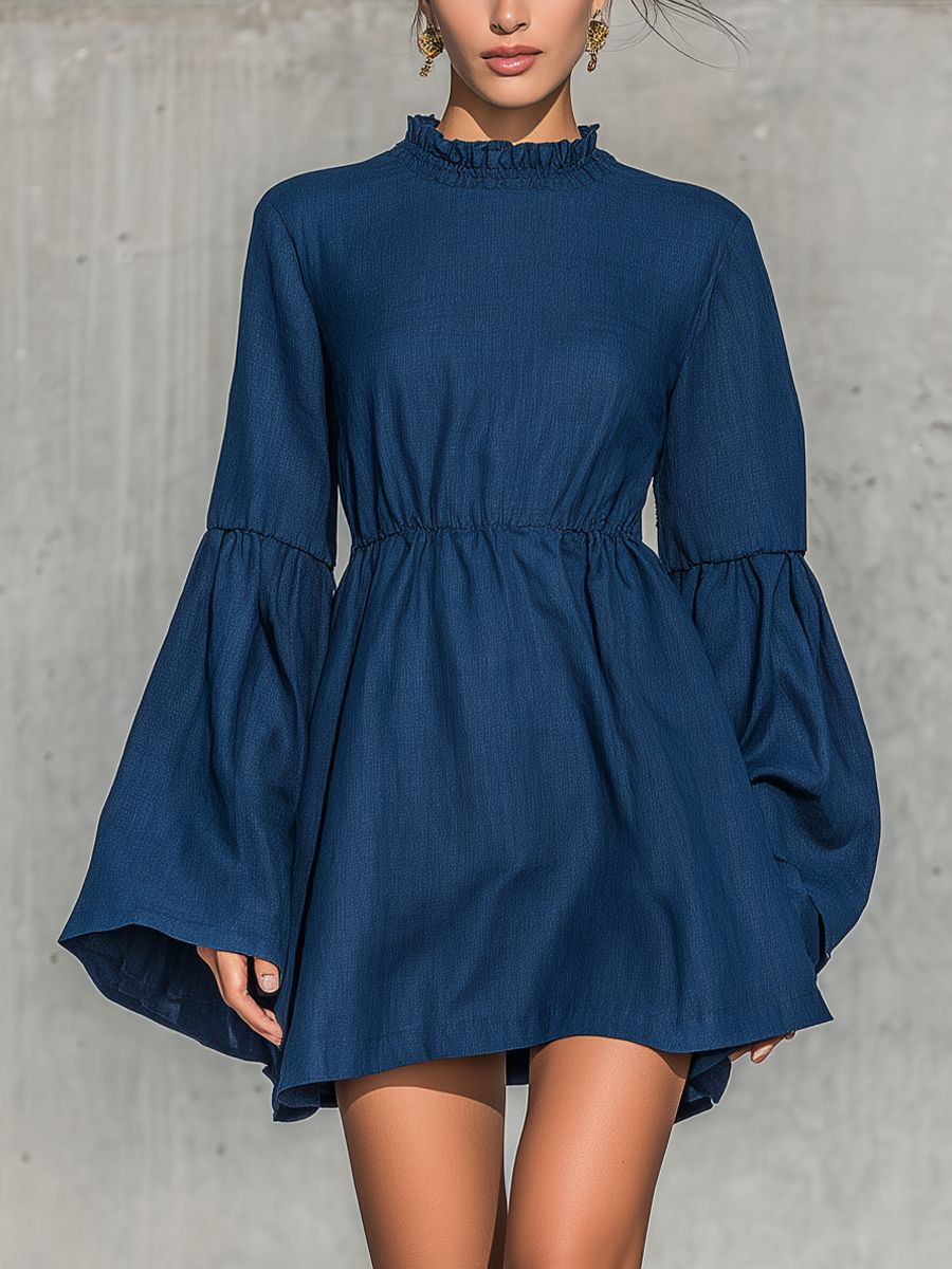 Spring And Autumn Half Collar Lantern Sleeve Elastic Waist Solid Color Cotton Linen Blend Loose Mini Dress