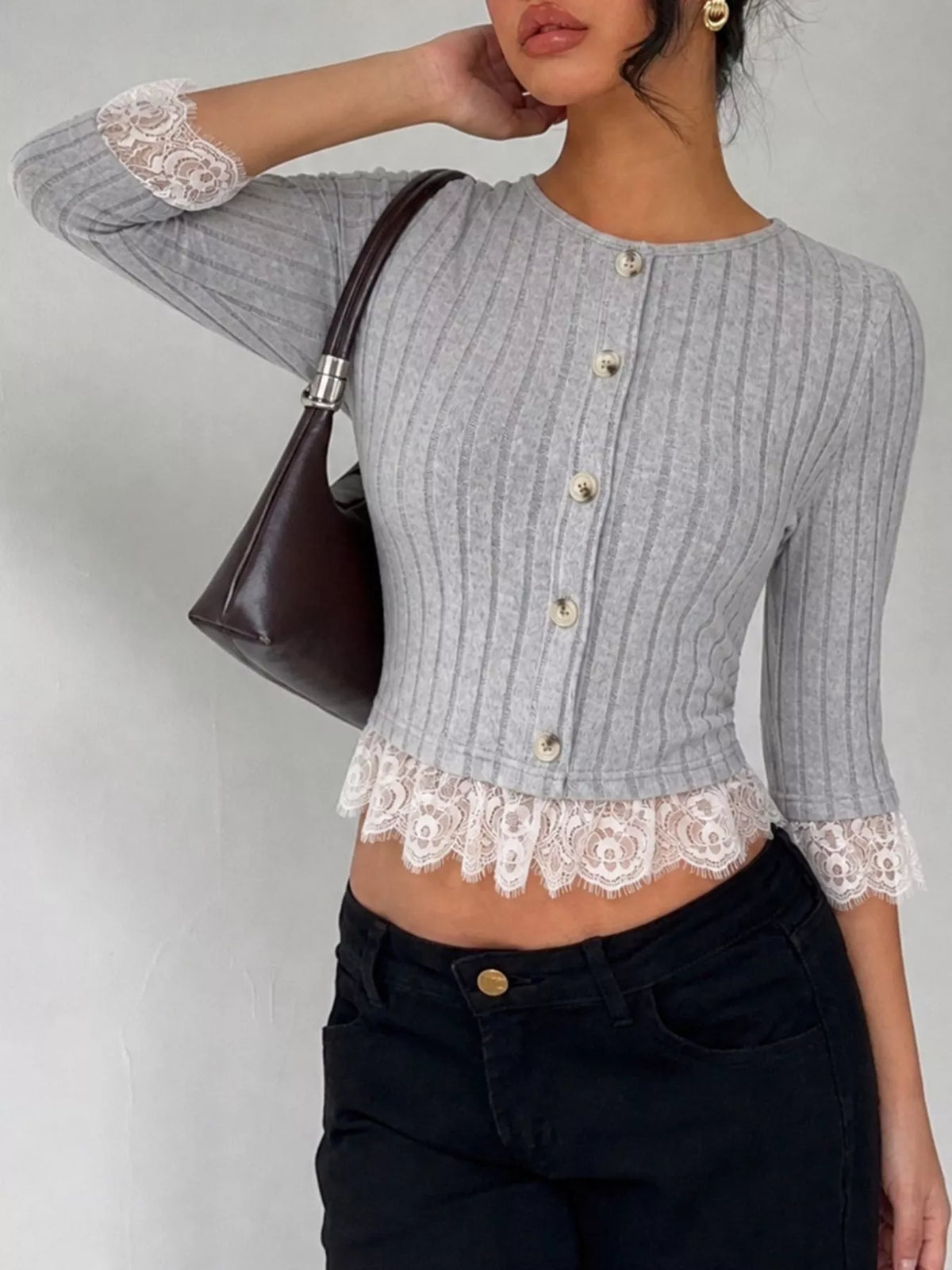 Women's Gray Lace Hem Ribbed Knit Button-Down Top - Gray