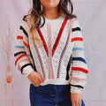 Women's Multicolor Striped Openwork Round Neck Sweater - Multicolor