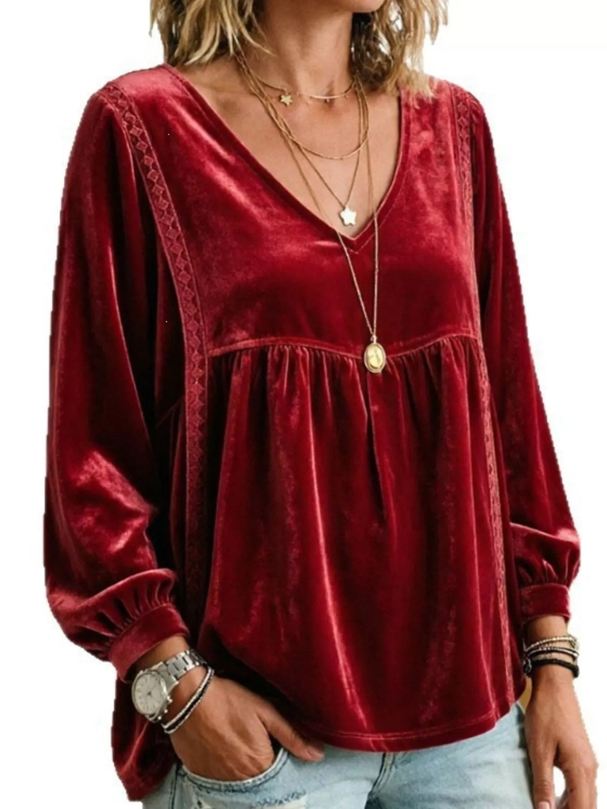 Full Size V-Neck Long Sleeve Velvet Blouse with Lace Trim Plus Size