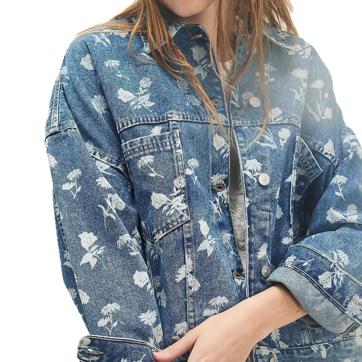 Women's Dark blue Floral Print Oversized Denim Jacket - Dark blue
