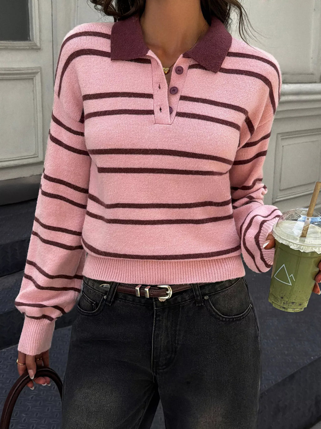 Women's Pink And Brown Stripes Striped Polo Collar Dropped Shoulder Sweater - Pink And Brown Stripes