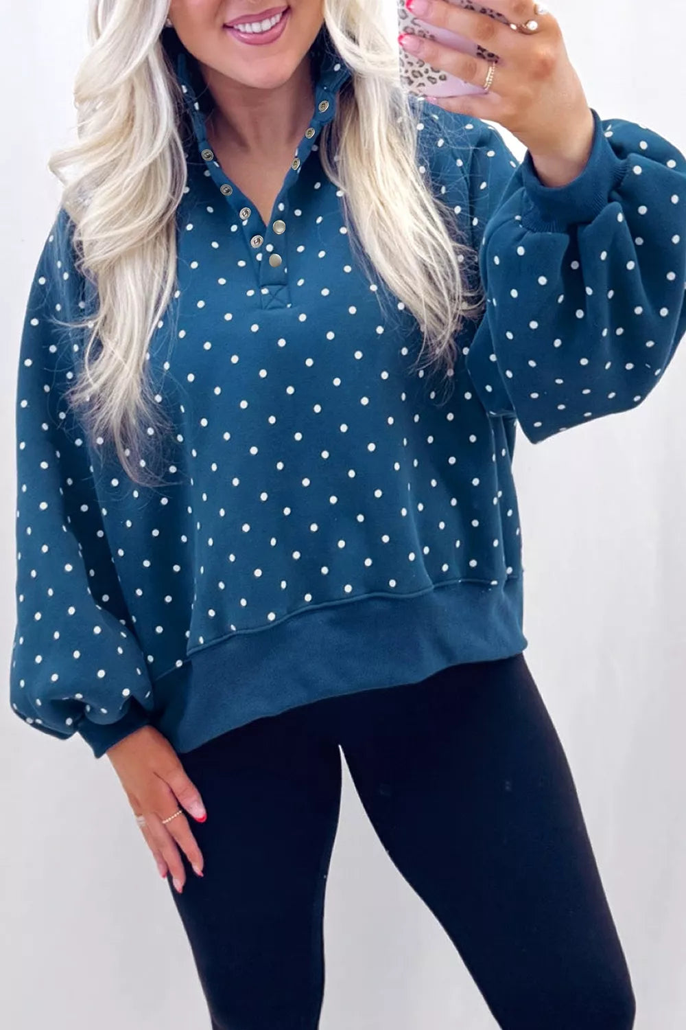 Women's Dusty Blue Polka Dot Snap-Button Sweatshirt - Dusty Blue
