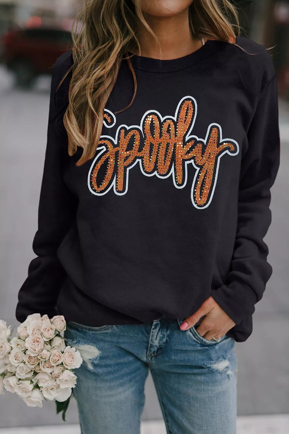 Spooky Rhinestone Drop Shoulder Sweatshirt