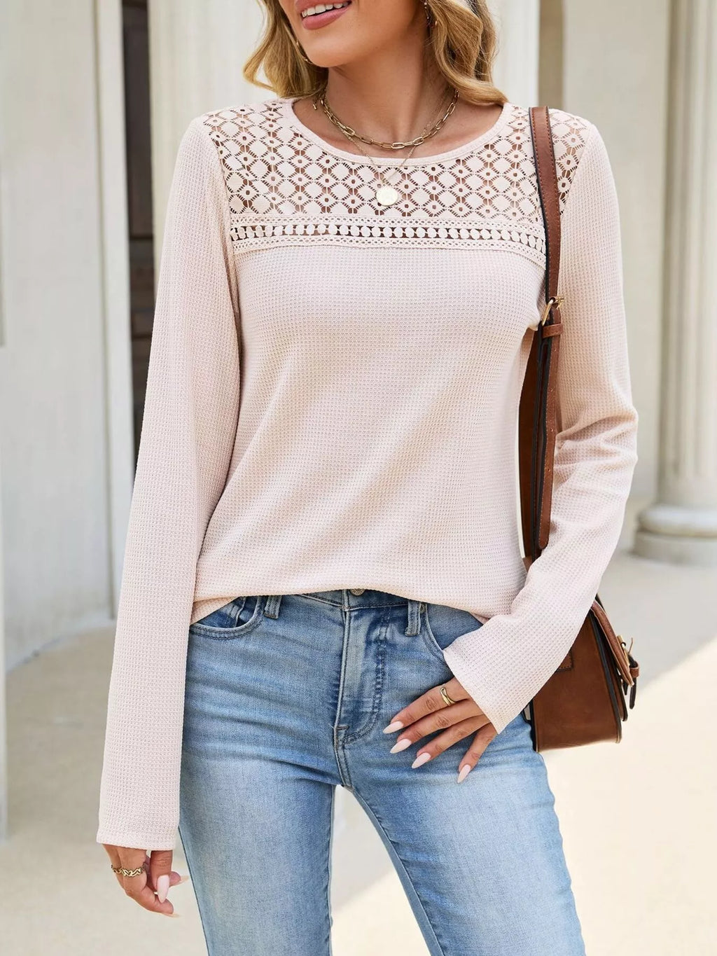 Women's Lace Panel Waffle Knit Long Sleeve T-Shirt
