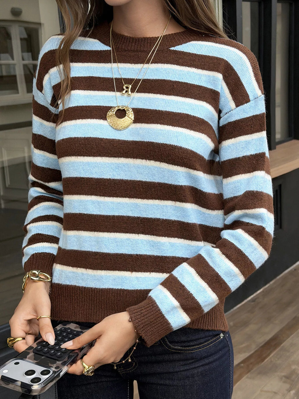 Women's Striped Crew Neck Knit Sweater - Stripe