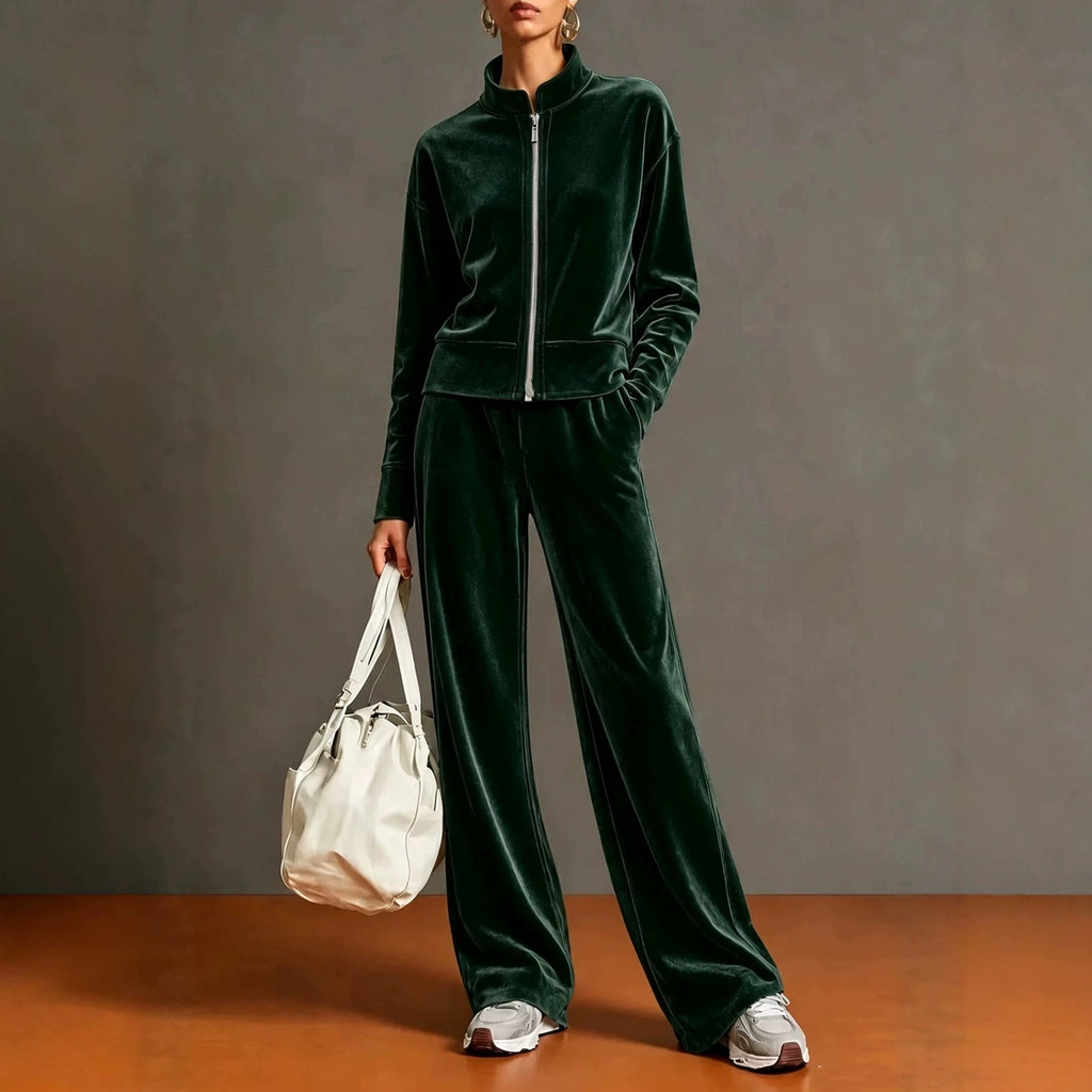 Women's Solid-color Stand-collar Cardigan And Zipper Hoodie Wide-leg Pants Set