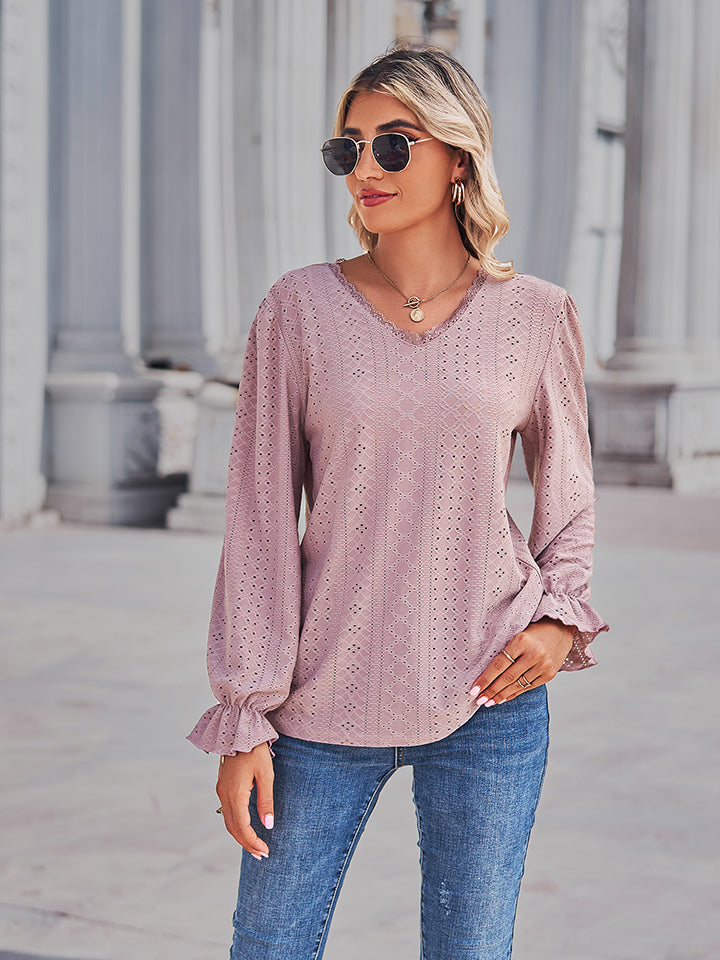 Women's Eyelet V-Neck Flounce Sleeve Blouse - Lilac