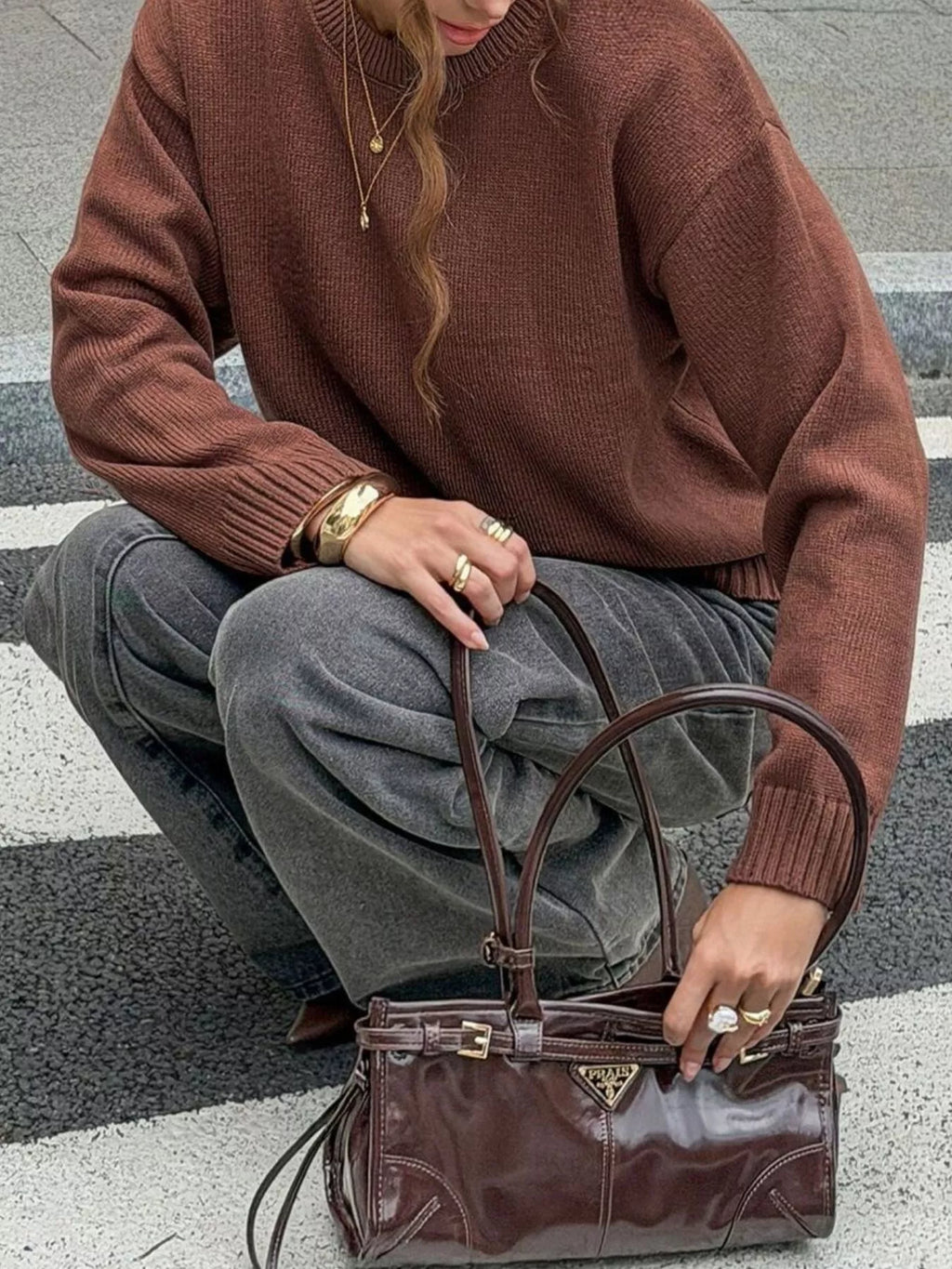 Women's Brown Crew Neck Ribbed Hem Sweater - Brown
