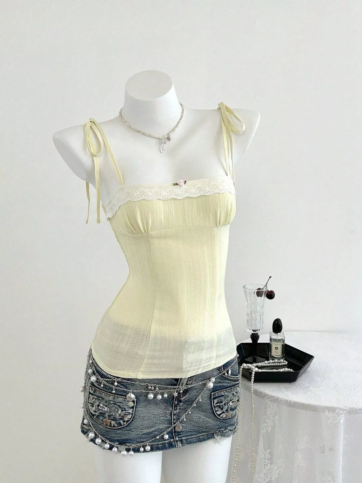 Lace-Trimmed Tie Shoulder Cami