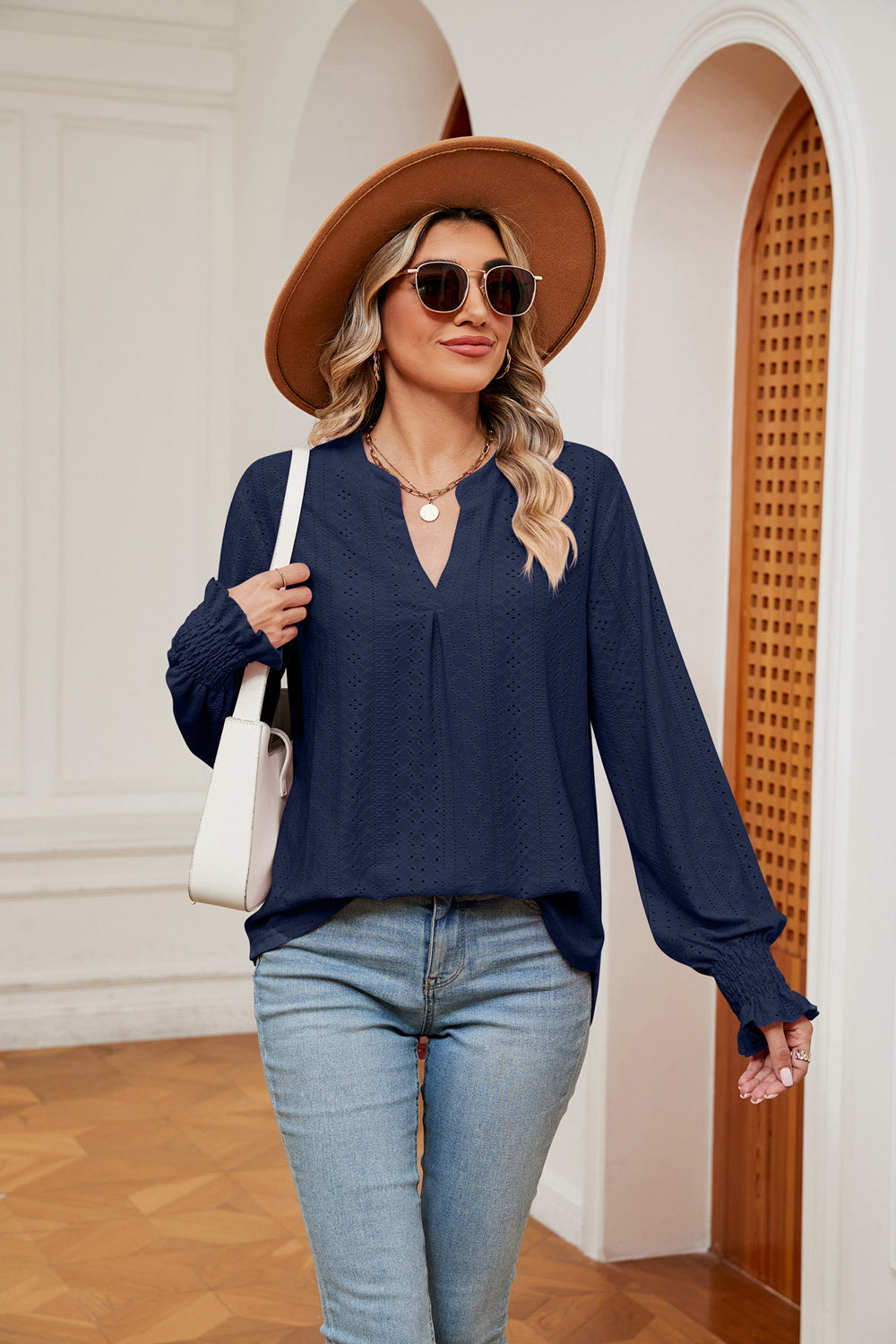 Women's Notched Neck Flounce Sleeve Blouse - Navy