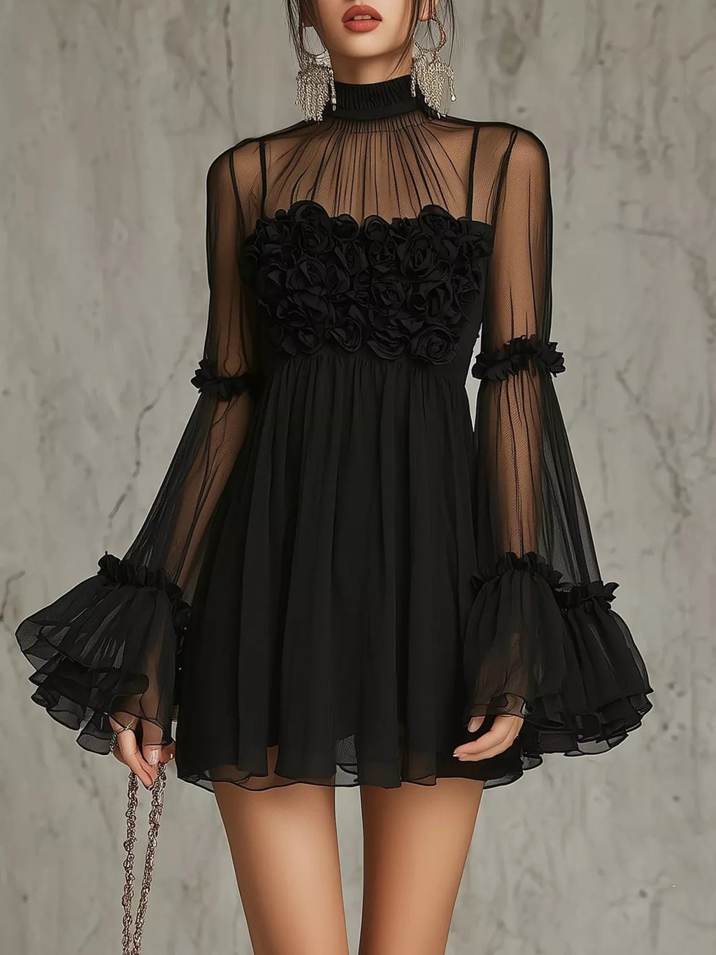 Women's Sheer Mesh Rose Applique Mini Dress - Black