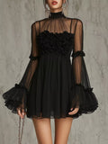 Women's Sheer Mesh Rose Applique Mini Dress - Black