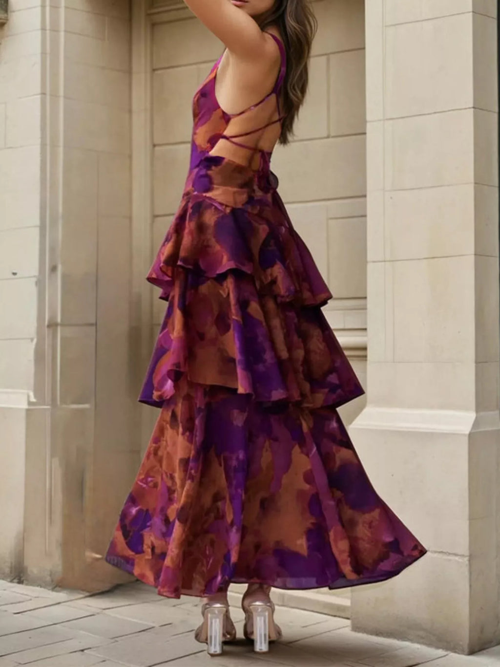Women's Deep Purple Floral V-Neck Ruffle Layered Maxi Dress - Deep Purple