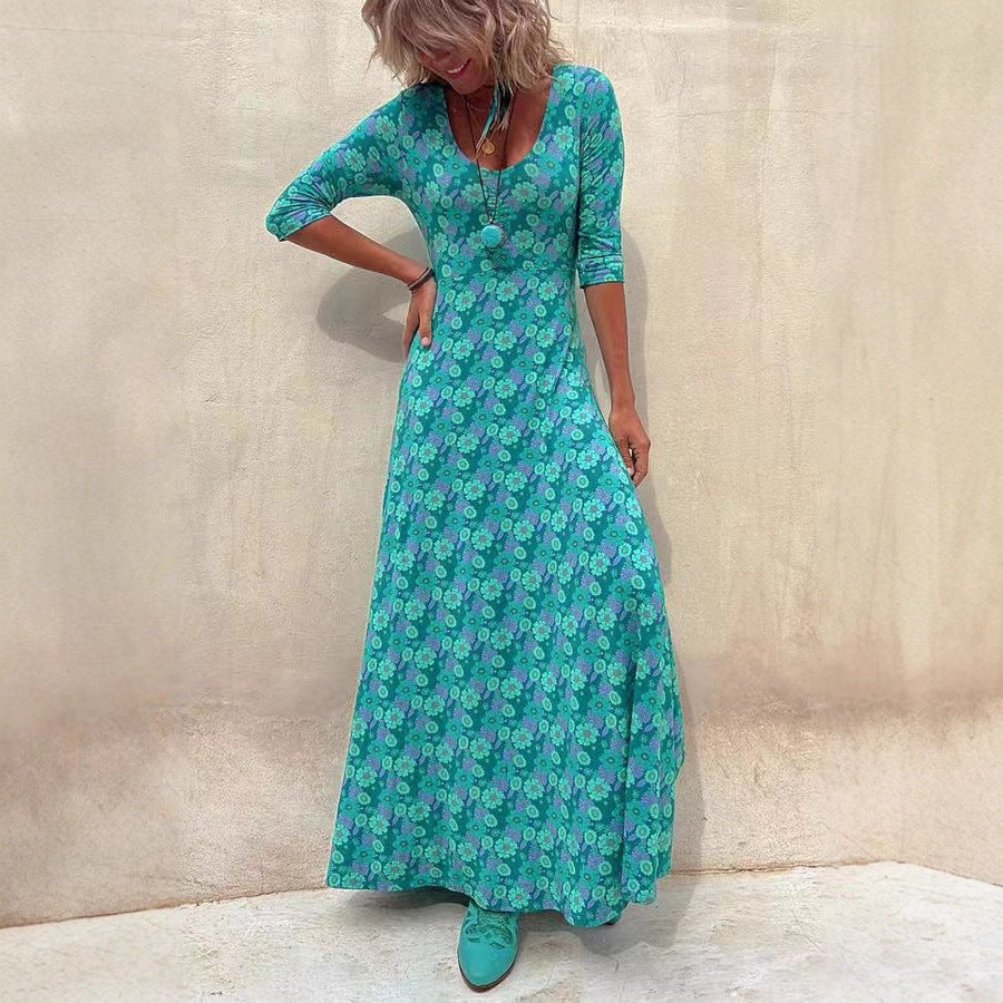 New Autumn And Winter Plus Size Women's Pretty Lady Large Swing Long Sleeve Fashion Flower Print Dress Dress Qing
