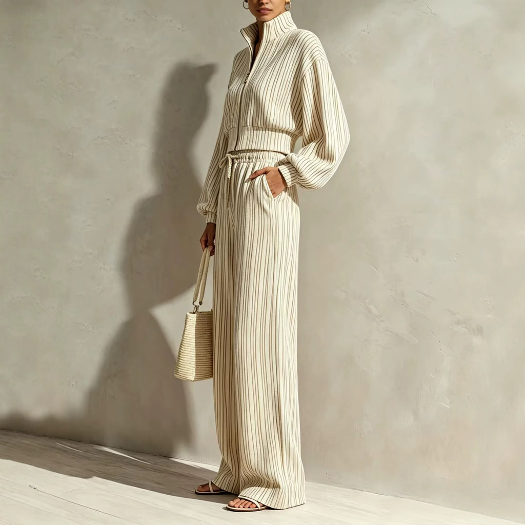Striped Zip-up Cardigan And Wide-leg Pants Two-piece Set