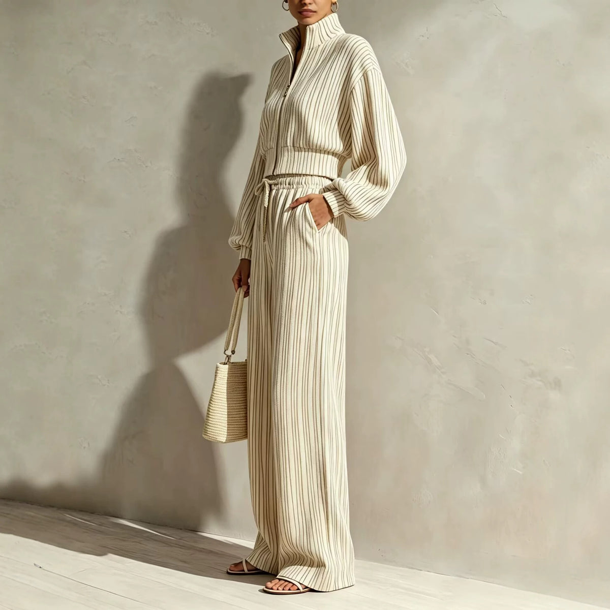 Striped Zip-up Cardigan And Wide-leg Pants Two-piece Set